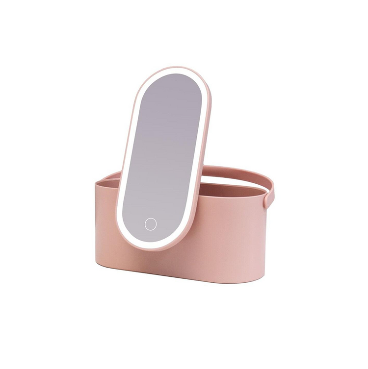 A portable makeup organizer with LED mirror, in a pink and white color scheme.