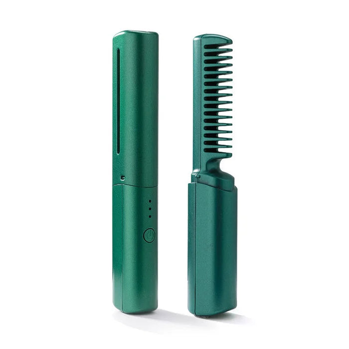 Green hair straightening device with comb on a white background