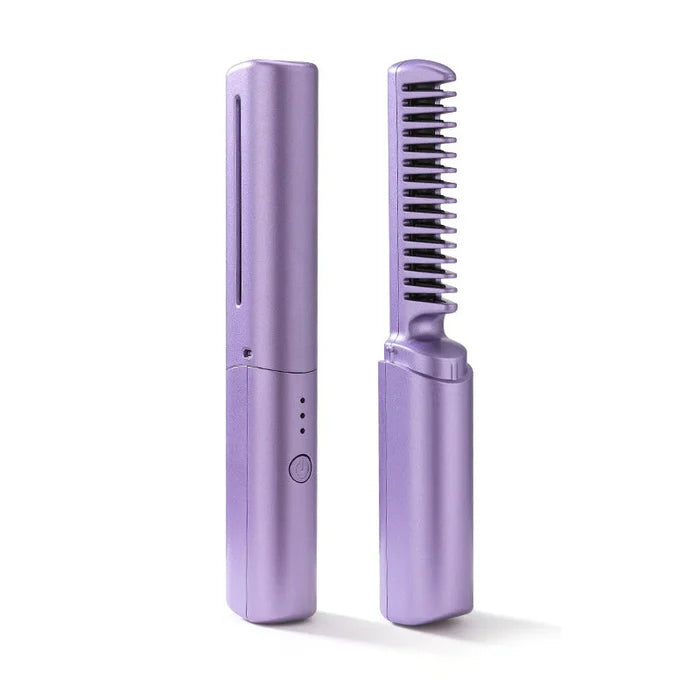 Purple hair straightener and comb on a white background